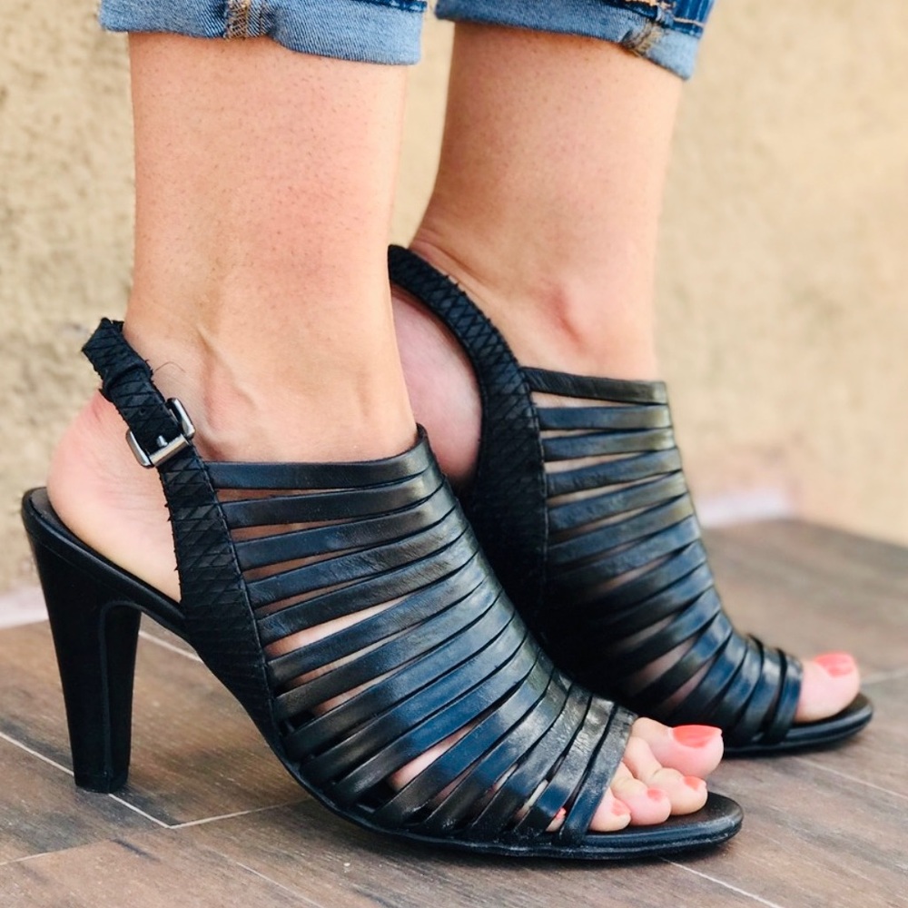 Distressed Strappy Leather Kitten Heel Sandals